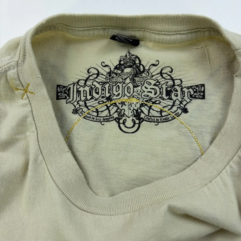 Y2K Indigo Star Graphic T-Shirt Mens Large Beige Face Death Live Life Tee